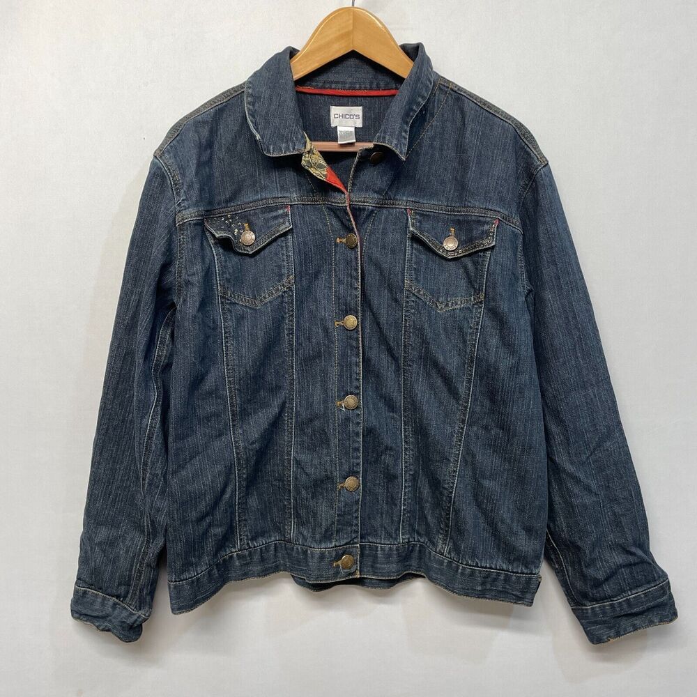 Chico's Women Jean Denim Jacket Size 2 Large Blue Cotton Blend Western M289 -29